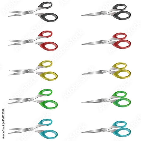 Fototapeta Vector illustration of 3D scissors with black, red, yellow, green, and blue color.
