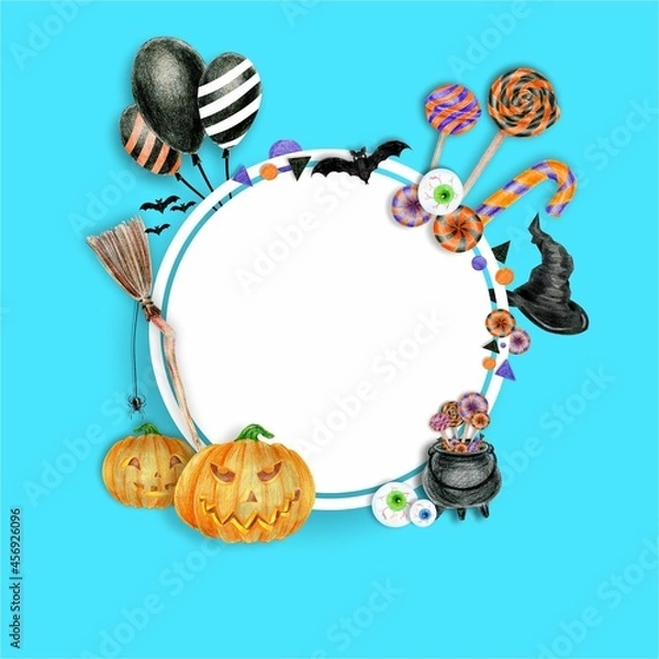 Obraz Halloween day Layout Design Template. Paper Art. Season Offer with Circle Banner and copy space. Balloons, Witch's cauldron, Witch's hat, candy, Pumpkins