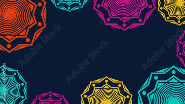 Fototapeta Vector. Web banner, poster, cover, splash screen, social media with place to place your text. Perforated bright patterns Papel Picado pattern on a color background. Hispanic Heritage Month.