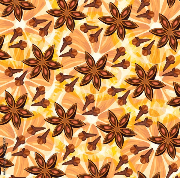 Fototapeta A pattern of anise and clove spices, with a dried orange in the background. Vector drawing for a print or decoration.