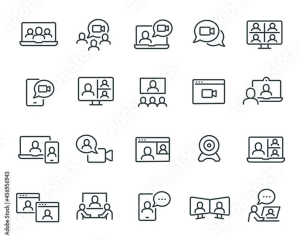Fototapeta Video Conference Icons Set. Such us Video Call and Chat, Laptop with Camera, Online Meeting and others. 