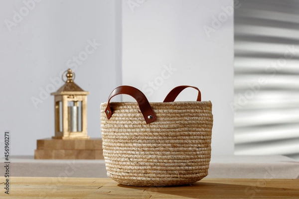 Fototapeta Wooden table with vacant space and Christmas background with sun shadow 