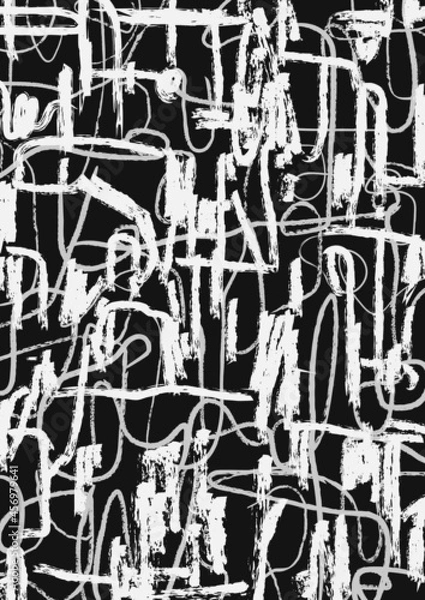 Fototapeta Abstract graffiti poster with paint splashes, scribbles. Street art. Vector background with drawn grunge texture, lines, graphic elements. Artistic cover in doodle style. Modern textured brush stroke.