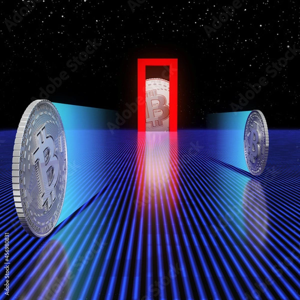 Fototapeta Bitcoin money in an abstract retro space setting. 3D rendered image.