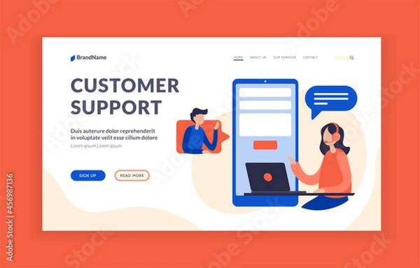 Fototapeta Customer support. Technical consultant assistance on user request. Hotline for solving problems with companys services. Communication and online chat in application. Vector home page flat banner