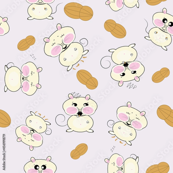 Obraz Kawaii hungry sleepy mouse peanuts vector pattern 