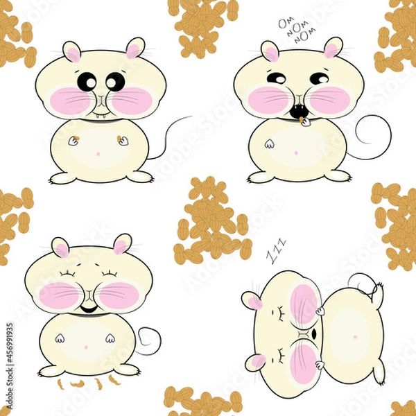 Obraz Kawaii hungry sleepy mouse peanuts vector pattern 
