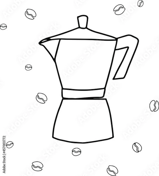 Obraz Coffee pot. Line drawn vector. Cup, illustration cafe, menu, set, restaurant, breakfast, teapots. Coffee pot. Morning.