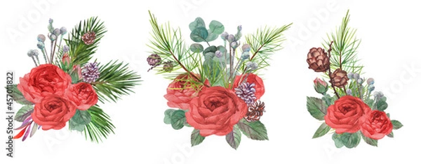 Fototapeta set of Christmas winter bouquets with branches of a tree and a red rose for greeting Christmas cards and New Year design with dried flowers isolated on a white background