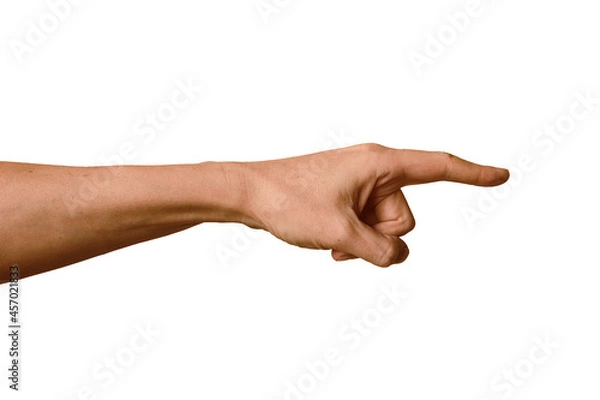 Fototapeta Hand of adult man with forefinger extended forward on white background