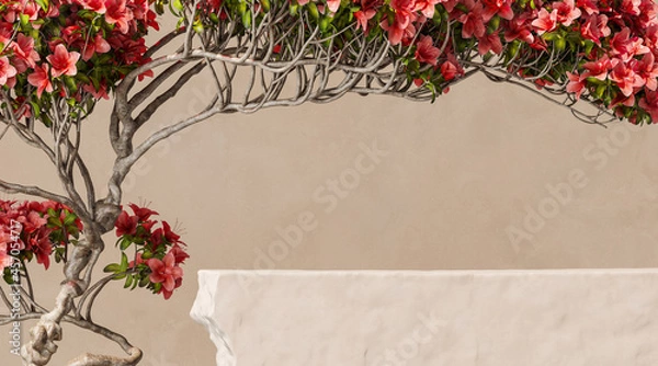 Fototapeta mockup beige stone podium on bonsai flower background. abstract background for product presentation or ads. 3d rendering