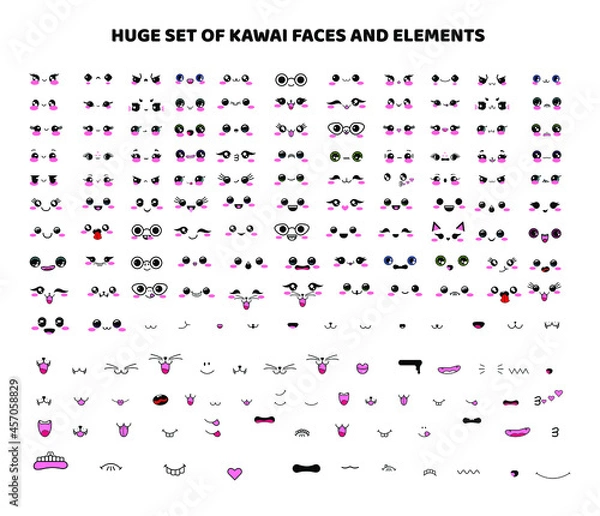 Fototapeta Big set of kawaii faces, elements, eyes, mouth, nose, muzzle, mustache, tongue, teeth, emotions. Vector illustration, color cartoon Japanese design isolated on white background, manga style, anime.