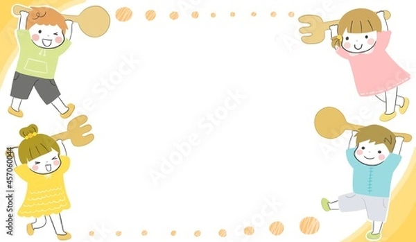 Obraz フォークとスプーンを持ってごはんの準備をするかわいい子供達のフレーム