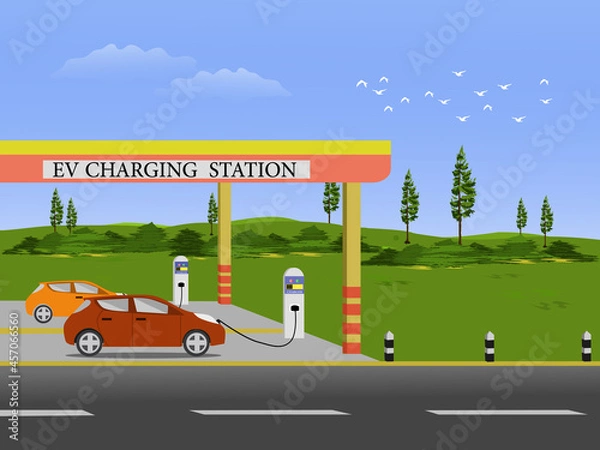Obraz An electric car is charging a battery at an electric charging station with green fields and sky in the background.