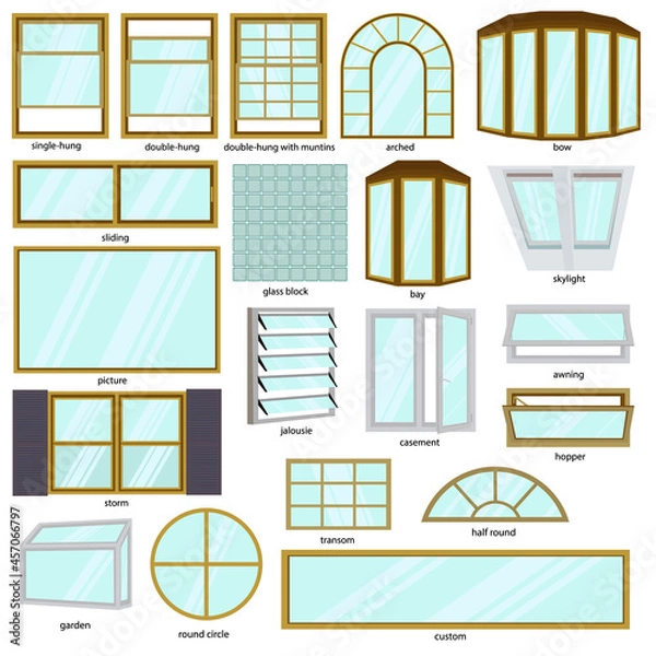 Fototapeta Different windows types. Architecture window set. Illustration isolated on white background.