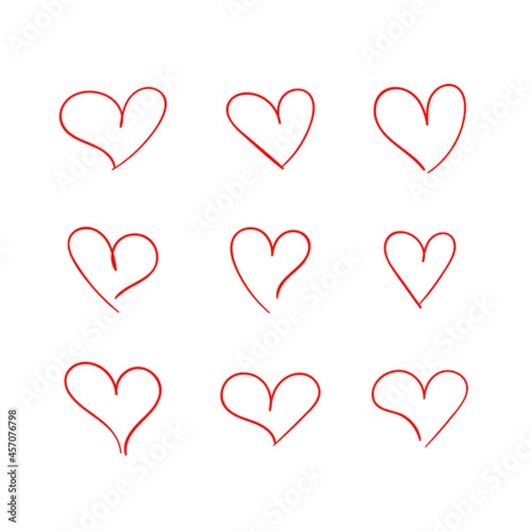 Fototapeta Vector Hand Drawn Hearts Set, Doodle Drawings Love Symbols, Isolated on White Background Red Outline Illustration, Line Drawing.