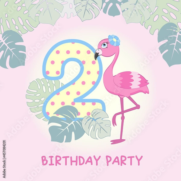 Obraz Birthday invitation with cute flamingo pattern