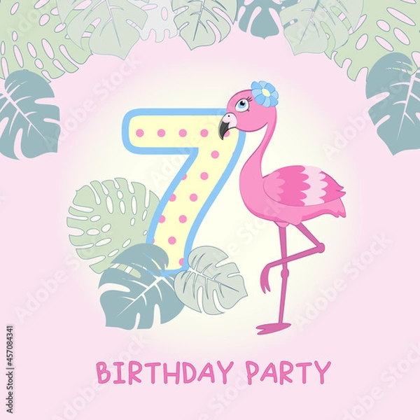 Obraz Birthday invitation with cute flamingo pattern