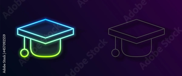 Fototapeta Glowing neon line Graduation cap icon isolated on black background. Graduation hat with tassel icon. Vector