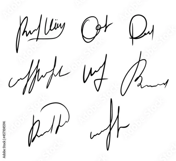 Fototapeta Vector collection of isolated personal fictitious signature autographs on the white background. Sign up set for manual documents, business contract, certificate, agreement, letters.