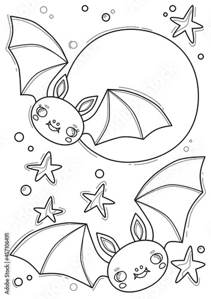 Obraz Cartoon page for coloring book with a vampire bat, hand-drawn vector illustration.
