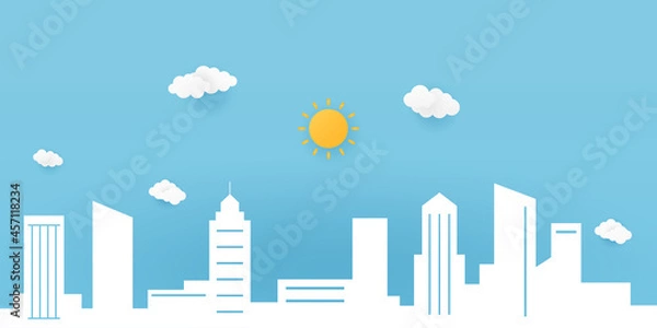 Fototapeta Cityscape in paper cut style. City landscape with building, sky, sun cloud. Vector paper art illustration.
