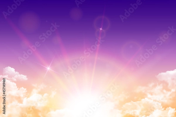 Fototapeta Realistic magic bright orange desert sky with sun, sunbeam and white clouds. Vector background of daytime sunny sky.