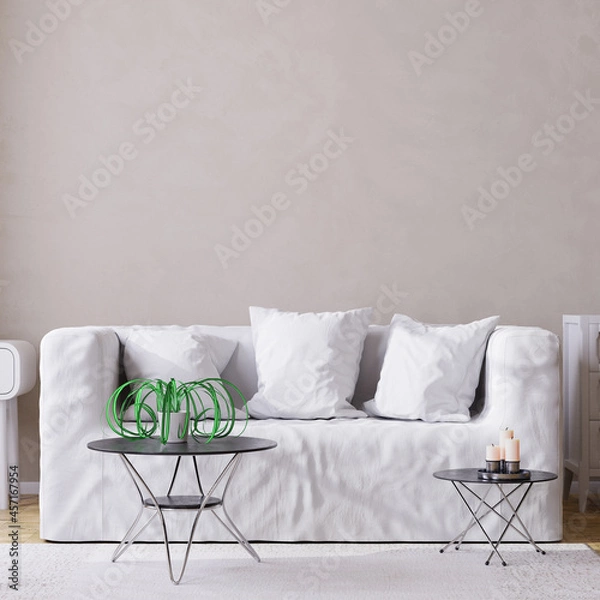 Fototapeta White interior with empty mock-up wall. 3D Rendering, 3D Illustration