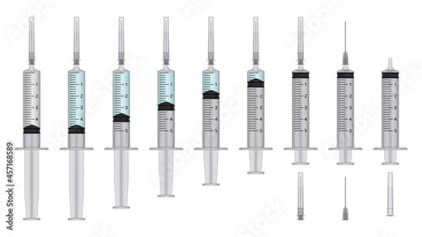 Fototapeta Realistic medical disposable syringe. Plastic syringe with and without needle. For vaccine injection, with and without liquid. Vector illustration.