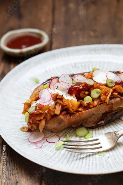 Fototapeta Baked sweet potato with barbeque jackfruit