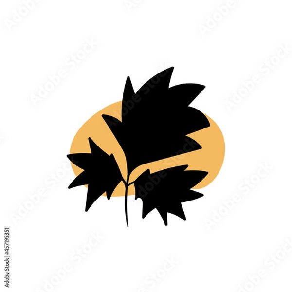 Fototapeta Branch with an abstract round spot. Artistic floral minimalist print. Isolated black silhouette of a plant with pastel drops. Modern watercolor shapes with leaves, acrylic ink blobs. Vector element