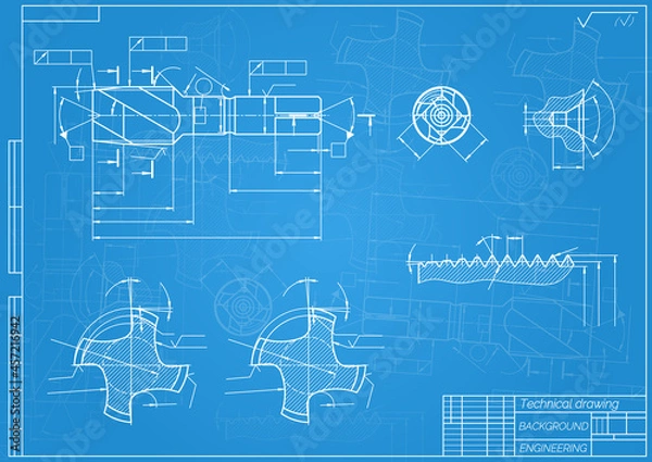 Fototapeta Mechanical engineering drawings on blue background. Tap tools, borer. Technical Design. Cover. Blueprint. Vector illustration.