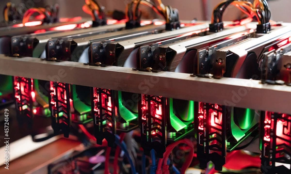 Obraz Bitcoin mining farm.  Rig for cryptocurrency miner