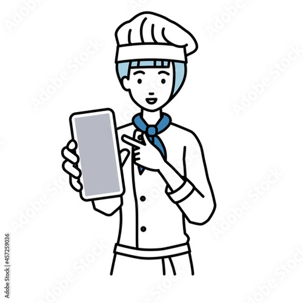 Fototapeta 立ってスマートフォンを指差してこちらに向けて見せている調理師の女性