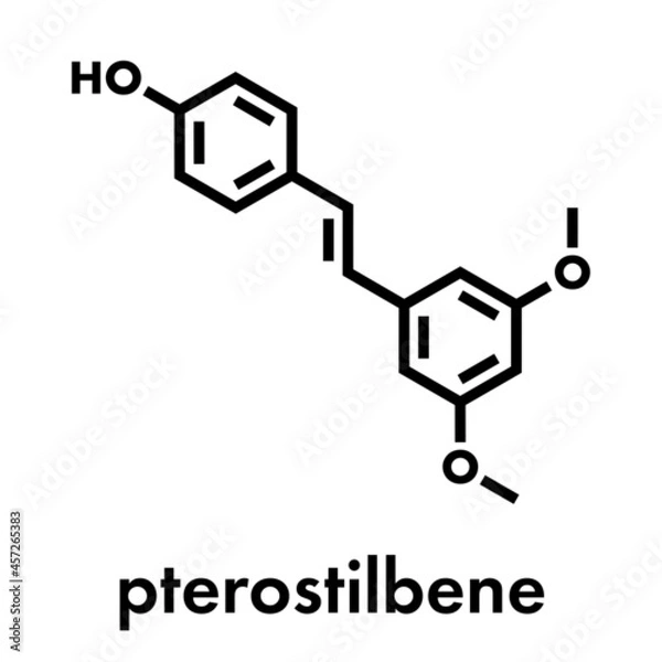 Fototapeta Pterostilbene molecule. Natural sources include almonds and blueberries. Skeletal formula.