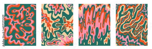 Fototapeta set vintage interior posters in hippie style.70s and 60s funky and groove postcards.Psychedelic cold palette patterns with waves, brush, paint stains.Tie dye abstract shapes for background