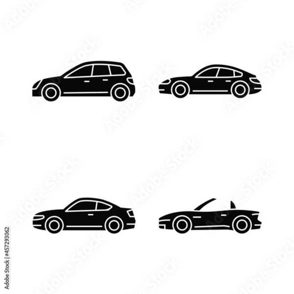 Fototapeta Practical sports cars black glyph icons set on white space. Hatchback model. Sports sedan. Coupe automobile. Cabriolet with retractable roof. Silhouette symbols. Vector isolated illustration
