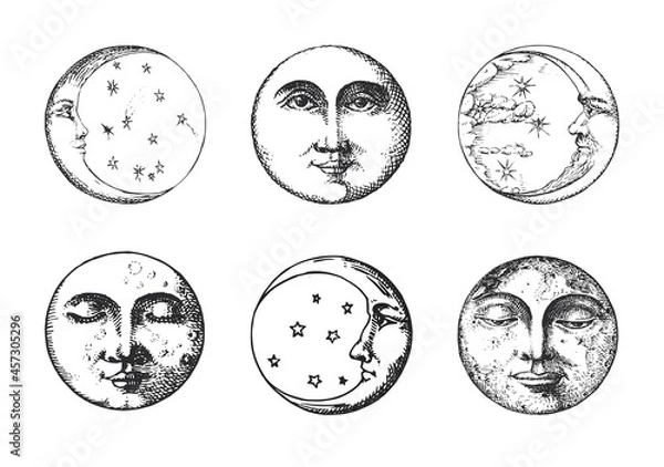 Fototapeta Set of Moon, Crescent, drawings in engraving style