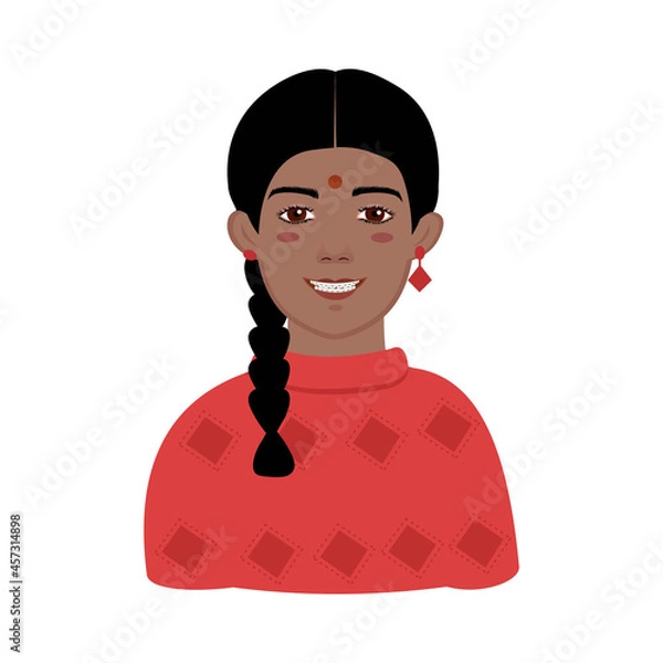Fototapeta Face of an Indian girl with braces. Vector portrait of a smiling girl in a red sweater.
