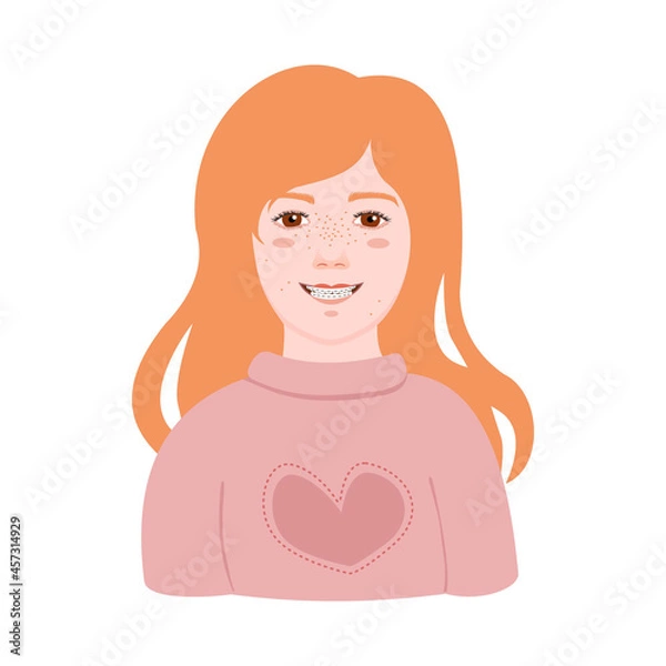Fototapeta The face of a red-haired girl in suspenders. Vector portrait of a smiling girl in a sweater.