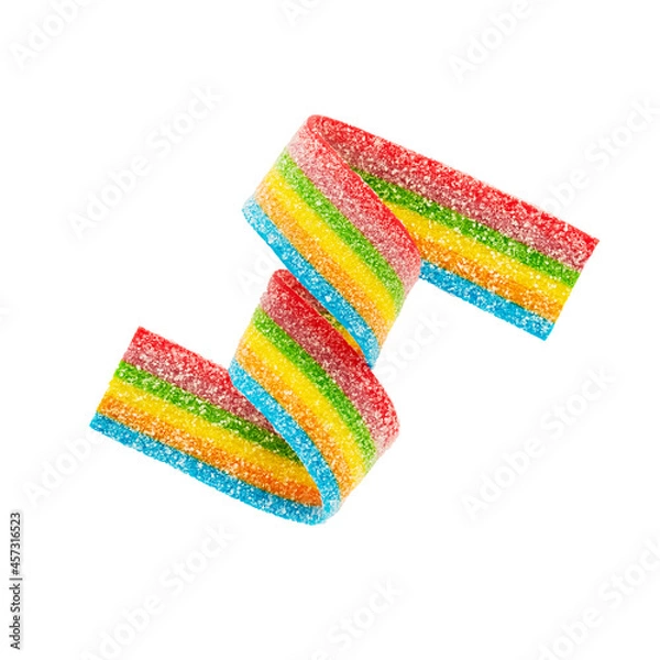 Obraz Rainbow sour jelly candy strip in sugar sprinkles isolated over white background