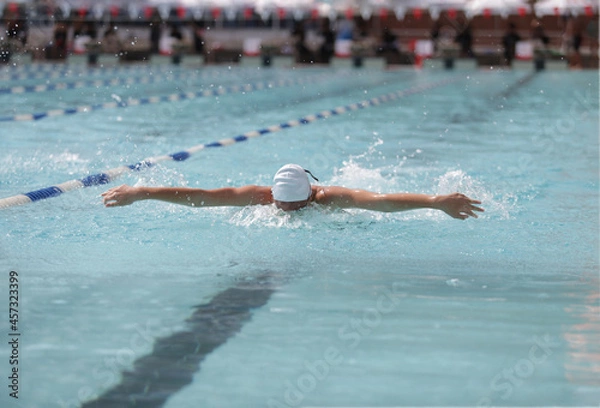Fototapeta A swimmer is competing in a butterfly stroke.