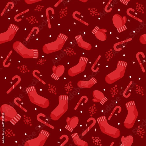 Fototapeta Red Seamless Pattern Background Decorated With Socks, Gloves, Candy Cane And Snowflakes.