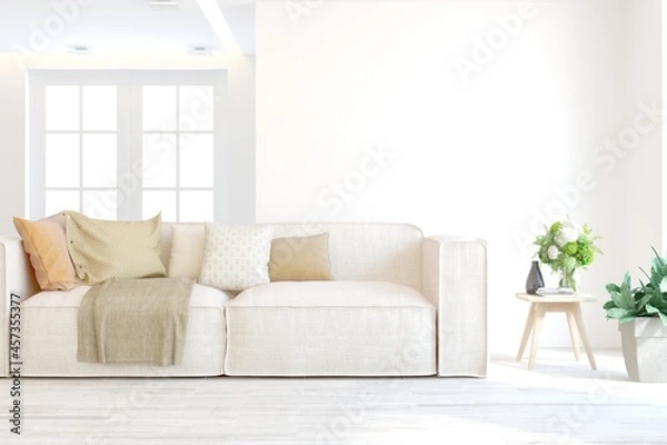 Fototapeta Soft color living room with sofa. Scandinavian interior design. 3D illustration