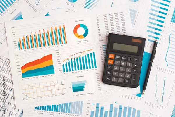 Fototapeta Business graphs, charts and calculator on table. Financial development, Banking Account, Statistics