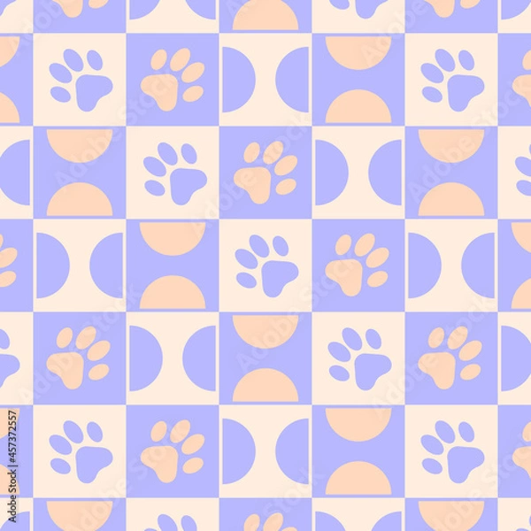 Obraz Vector seamless pattern of traces of cat paws on a chessboard and semicircles. Lilac, violet, yellow, orange colors. For textiles, wrapping paper, napkins, backgrounds.