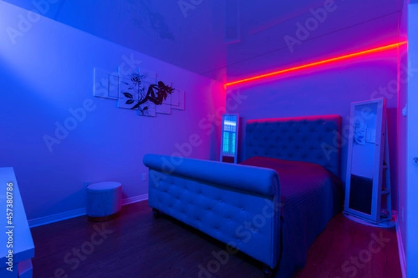 Obraz Modern master bedroom with screech celling and led light design	
