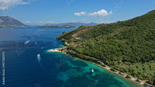 Fototapeta Aerial drone photo of paradise turquoise beach of Amoglossa meaning a sand tongue with crystal clear sea, Ionain, Greece