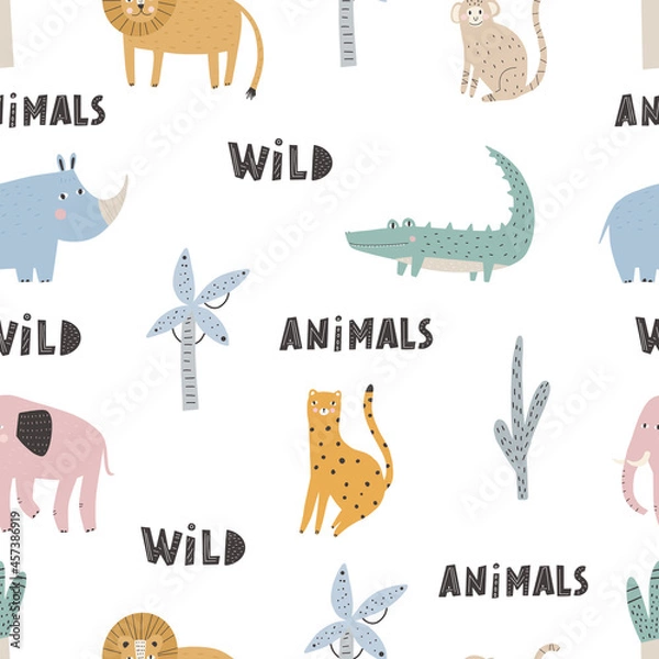 Fototapeta Cute vector seamless pattern with safari animals. Vector seamless pattern. Digital paper