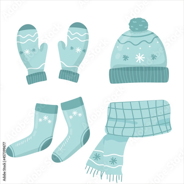 Fototapeta set of blue knitted scarf, hat and mittens socks on white. Winter clothes set. Vector illustration. flat